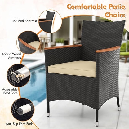 Tangkula 5 Pieces Patio Dining Table Set for 4, Rattan Conversation Set with Umbrella Hole, Seat Cushions & Acacia Wood Tabletop, Outdoor Dining Table with 4 Chairs for Backyard, Poolside & Deck