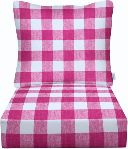 RSH DECOR Deep Seating Cushion with Pillow Back | 23.5” x 25” Seat | Water and Fade-Resistant Spun Fabric | Outdoor Chair Cushion Set for Patio Furniture | Classic Pink Buffalo Plaid