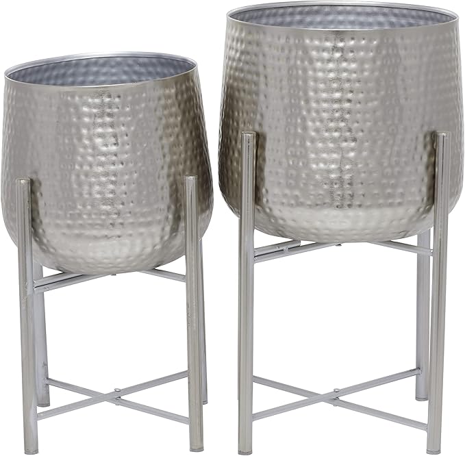 CosmoLiving by Cosmopolitan Metal Indoor Outdoor Planter Hammered Large Planter Pot with Removable Stand, Set of 2 Planters 19", 16"H, Silver