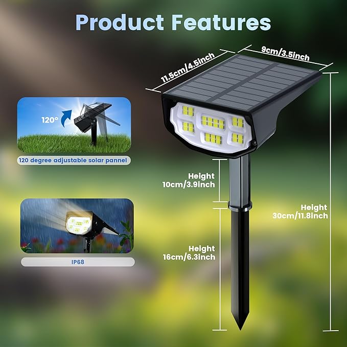 Solar Spot Lights Outdoor IP68 Waterproof, Ultra-Bright Performance，Simple Modes for Easier Operation, Auto On/Off，Solar Powered Landscape Lights for Garden, Yard, Pathway (Warm White, 8 Pack)
