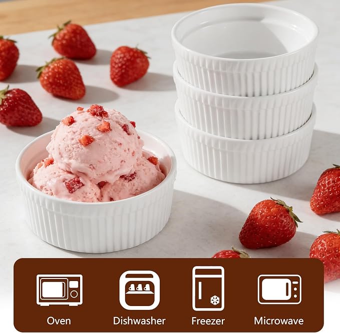 Cinf White 10 oz Set of 4 Souffle Dishes Ramekins Oven Microwave Safe Bowls Creme Brulee Set Sauce Cups for Baking Cooking Dessert Porcelain Pudding Cups