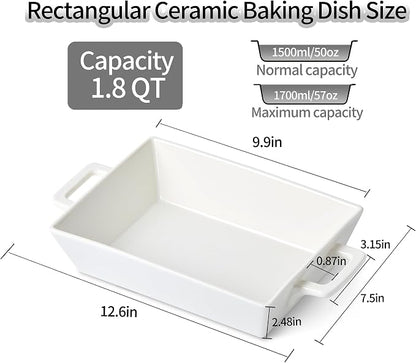 1.8 Qt Rectangular Ceramic Baking Dish, 9.9x7.5 Inch Deep Casserole Lasagna Pan with Handles for Cooking, Roasting, Serving, and Daily Use, Safe for Oven Microwave Dishwasher Freezer