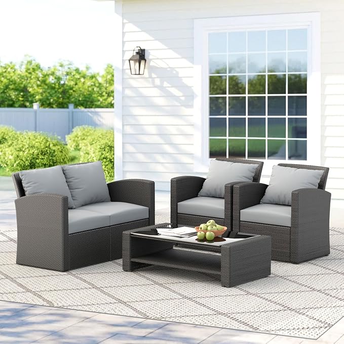 4 Piece Patio Furniture Set,Outside Rattan Sectional Sofa,Wicker Conversation Set with Cushion and Glass Coffee Table,Wicker Sofa Ideal for Garden,Porch,Grey