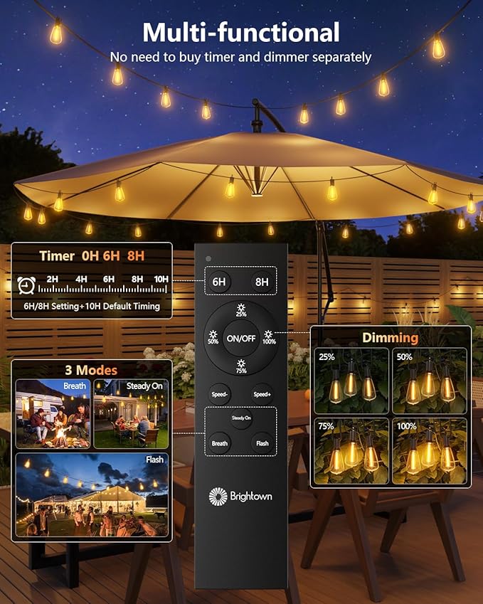 Brightown 100FT Solar String Lights Outdoor Waterproof with Remote, 31+1 LED Shatterproof Bulbs, Dimmable & Timable, 3 Light Modes - Commercial Grade Patio Lights for Garden Backyard Party Decor