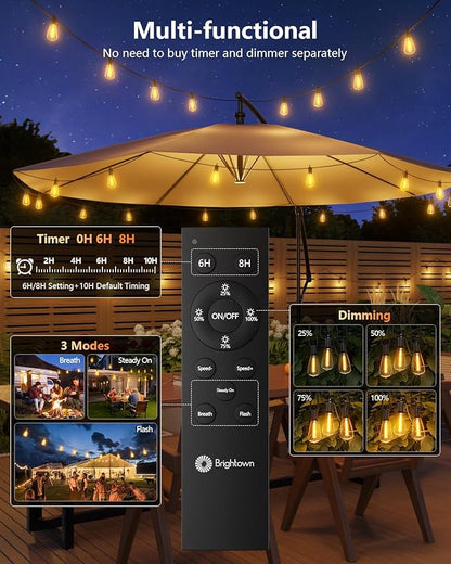 Brightown 100FT Solar String Lights Outdoor Waterproof with Remote, 31+1 LED Shatterproof Bulbs, Dimmable & Timable, 3 Light Modes - Commercial Grade Patio Lights for Garden Backyard Party Decor