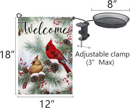 Railing Bird Feeder with Cardinal Flag for Balcony/Deck/Porch 8" Platform Bird Seed Tray and Garden Flag Handrail Mount Metal Mesh Feeder for Wildbird Feeding