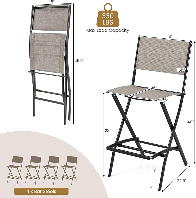 COSTWAY Outdoor Patio Bar Chair Set of 4, Folding Bar Height Stool with Metal Frame & Footrest, Patio Bar Stool for Balcony, Garden & Poolside (4, Coffee)
