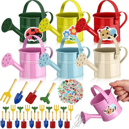 130 Pcs Kids Garden Tools Set Include 6 Pcs Small Metal Watering Can 24 Gardening Tools Kit Shovel, Rake, Fork and Trowel with Wooden Handle and 100 Stickers for Kids Beach Planting Gifts