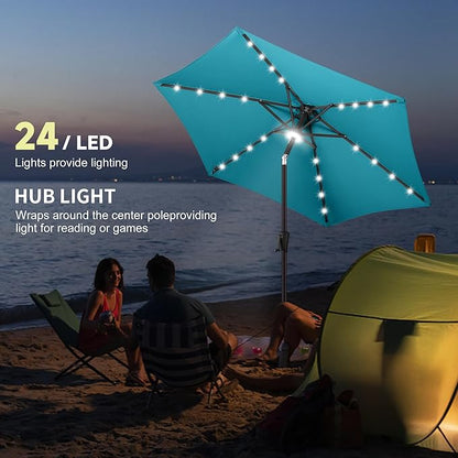 7.5ft Solar Umbrella Outdoor - Lighted Patio Umbrella with 24 LED Lights Waterprool Uv Protection, Table Umbrella with Tilt & Crank for Pool, Porch, Garden, Deck, Backyard(Sky Blue)