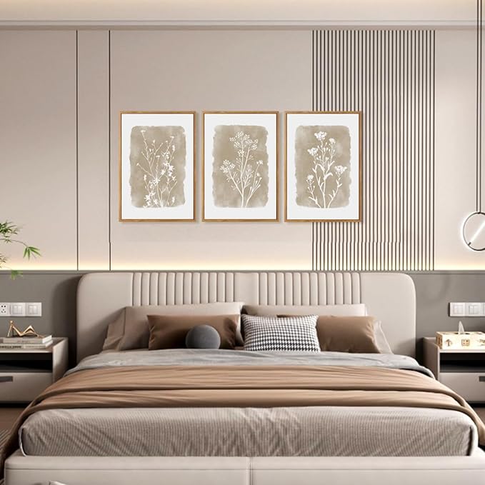 CHDITB Beige Florals Wall Art Set, Framed Boho Flower Wall Decor, Neutral Minimalist Botanical Wall Painting, Modern Vintage Wildflower Canvas Art Prints for Living Room, Bedroom, Grids Room 16"x24"x3