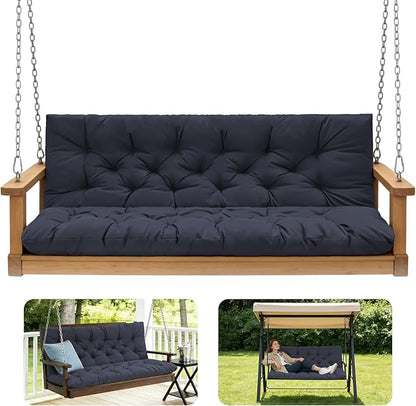 Outdoor Swing Cushions,Waterproof Swing Cushions 3 Seater Replacement with Backrest,Outdoor Thickened Bench Cushion with Ties for Porch,Patio,Backyard,Garden (Navy Blue 60 * 40 in)