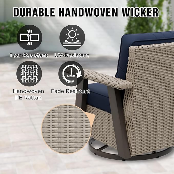 EAGLE PEAK Classic Wicker Patio Bistro Set of 3, Outdoor Patio Furniture with 360° Swivel Rocker Chair and Side Table, Lounge Set for Porch, Deck, or Balcony, Beige/Dark Blue