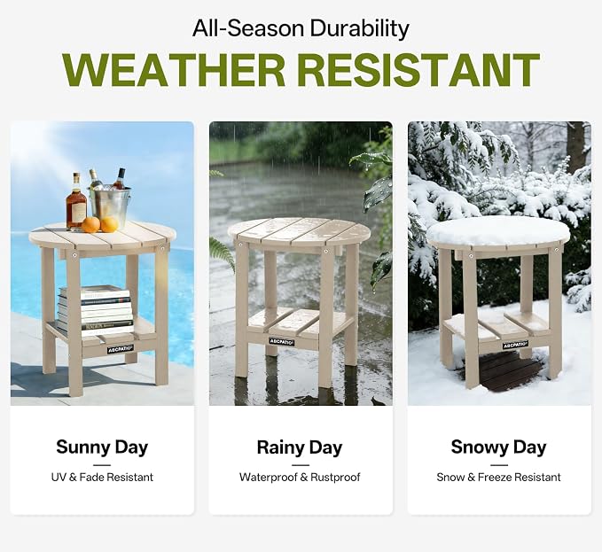 Outdoor Side Table Round - Patio Side Tables - HDPE Small Outdoor End Table for Backyard Pool Porch Balcony - Double Layer Storage - Sand (Wood Grain Finish)
