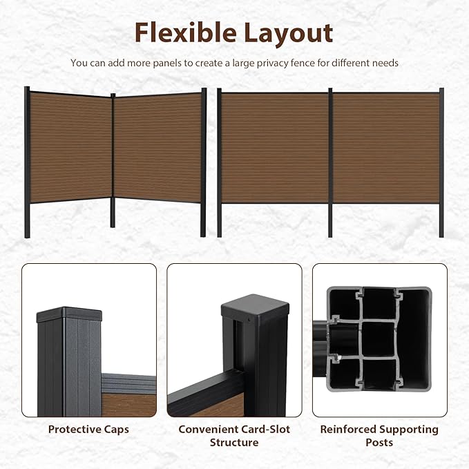 Privacy Fence Panels for Outside with 2 Post, 6' × 6' Windproof Composite Fence Cover Privacy, Garden Fencing Panel for Yard Pool Equipment Trash Can(Poured Concrete, Brown)