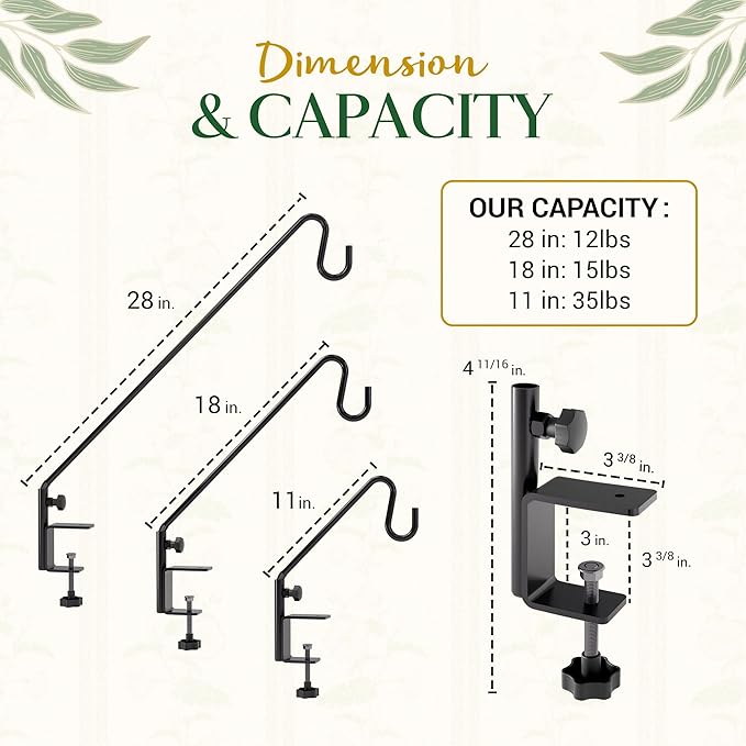 Idzo 18 Inch Railing Hook, Deck Hook for Bird Feeder Pole, Durable 3-Layer Powder Coated Steel, Shepherds Hooks for Outdoor, 360° Rotation, Sturdy Deck Railing Bracket for Hanging Decorations, 2 Packs
