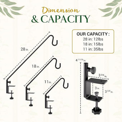Idzo 18 Inch Railing Hook, Deck Hook for Bird Feeder Pole, Durable 3-Layer Powder Coated Steel, Shepherds Hooks for Outdoor, 360° Rotation, Sturdy Deck Railing Bracket for Hanging Decorations, 2 Packs