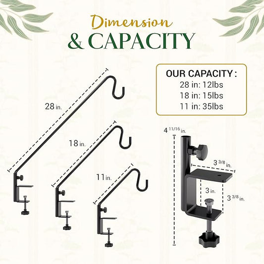 Idzo 18 Inch Railing Hook, Deck Hook for Bird Feeder Pole, Durable 3-Layer Powder Coated Steel, Shepherds Hooks for Outdoor, 360° Rotation, Sturdy Deck Railing Bracket for Hanging Decorations, 2 Packs