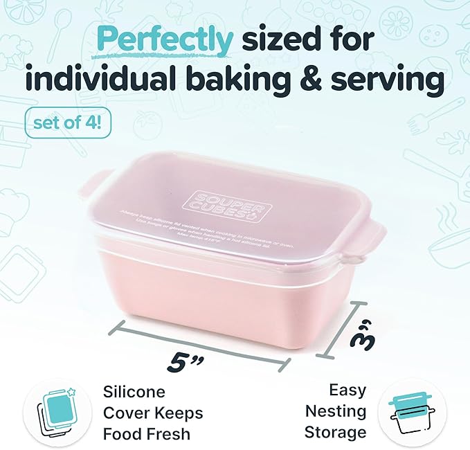 Souper Cubes Ceramic Baking Dishes 2.0-5" x 3" Small Casserole Dishes for Oven with Silicone Lids, Oven, Microwave and Air Fryer Safe,USA Made, Set of 4 - Cotton Candy