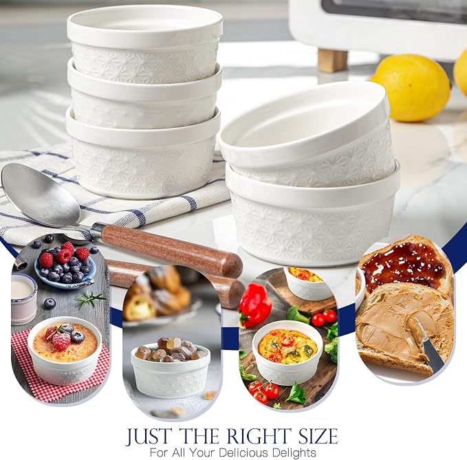 6 Oz Ramekins Oven Safe, Creme Brulee Ramekins Set of 8, Ceramic Souffle Dish, White Porcelain Snowflake Baking Bowls for Dessert, Pie, Tart, Souffles, Appetizers