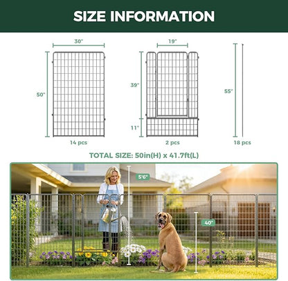 FXW Garden Fence Outdoor for the Yard – 50in(H) x 41.7ft(L) Heavy Duty Metal Animal Barrier for Dog, No Dig Decorative Dog Fence, 16 Panels, Silver