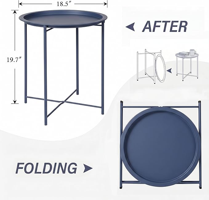VECELO Side/End Table, Folding Round Metal Anti-Rust and Waterproof Outdoor or Indoor Tray for Living Room Bedroom Balcony and Office, 2 PCS, Blue