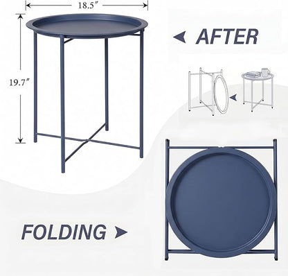 VECELO Side/End Table, Folding Round Metal Anti-Rust and Waterproof Outdoor or Indoor Tray for Living Room Bedroom Balcony and Office, 2 PCS, Blue