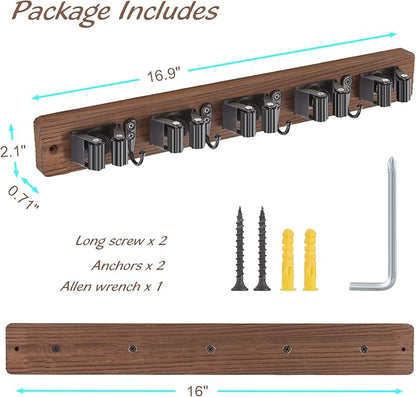 OUTNILI Mop and Broom Holder Wall Mount - Wood Broom Mop Hanger - Wall Mounted Garden Tool Rack Organizer for Closet Garage Laundry Room for Rustic Kitchen Decor With 5 Slots & 4 Hooks