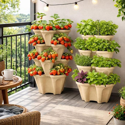 Vertical Garden Planter Stackable Tiered System 4 Plants per Pot, Space Saving Herb, Strawberry & Food Crop Planter with Center Support Hole for Indoor Outdoor Gardening (36, Desert Sand, Small)