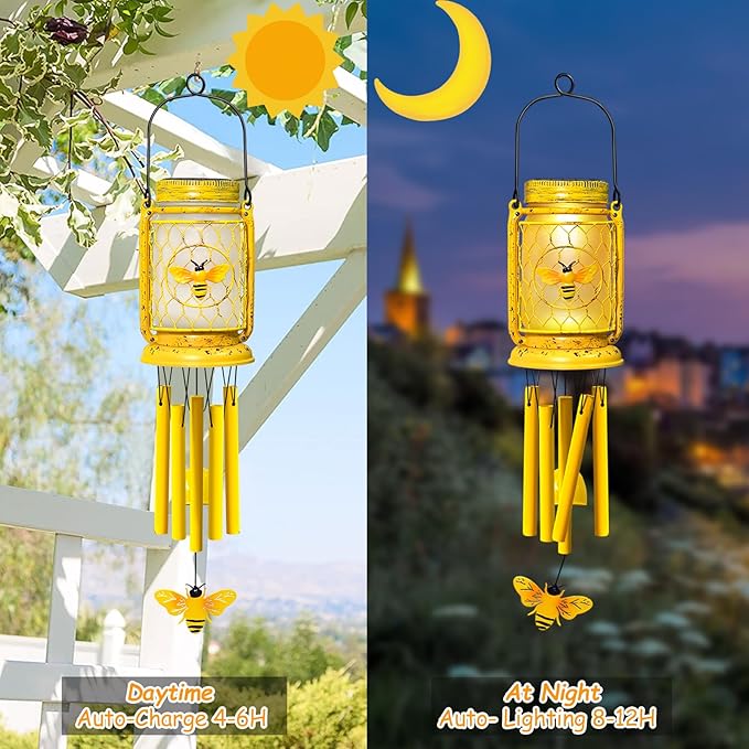 1 Pack Solar Bee Wind Chimes for Outside, Mother' s Day Gifts for Mom Women Grandma, Solar Mason Jar Wind Chime Light Unique Hanging Wind Chimes Outdoor, IP65 Waterproof for Yard Garden Terrace