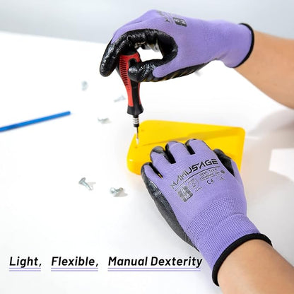 Safety Work Gloves Nitrile For Men and Women, with Touchscreen Fingers, Men's Work Gloves with Grip, Mechanics Gloves (Size XL, Purple, 12-pairs)