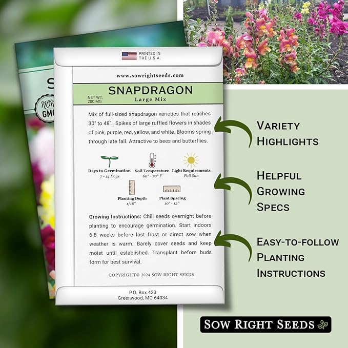 Sow Right Seeds - Large Mix Snapdragon Seeds for Planting - Non-GMO Heirloom - Vibrant, Hardy Snap Dragons for Garden & Planter Boxes - Easy to Grow - Perfect for Border Planting & Cut Flowers (1)