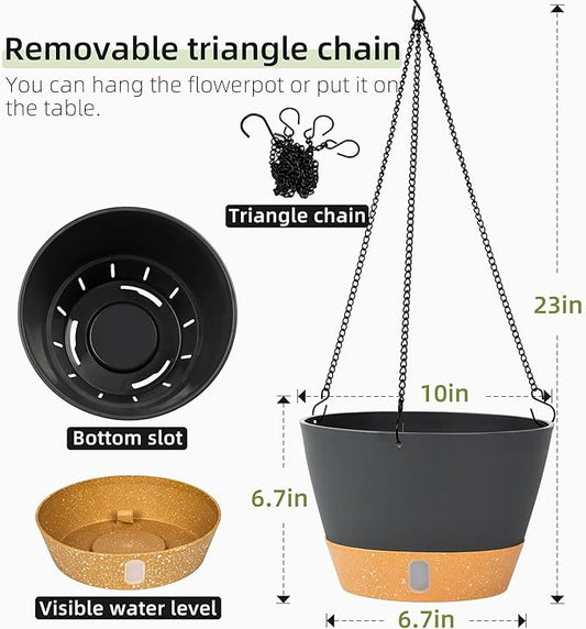 QCQHDU 2 Pack 10 Inch Hanging Planters for Indoor Outdoor Plants, Hanging Baskets Flower Pots with Reservoir Tray & Visible Water-Level