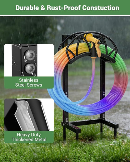 HZE Garden Hose Holder, Freestanding Water Hose Reel Stand for Outside, Heavy Duty Detachable Metal Storage Rack Holds 160 FT for Yard Lawn Farm, Black