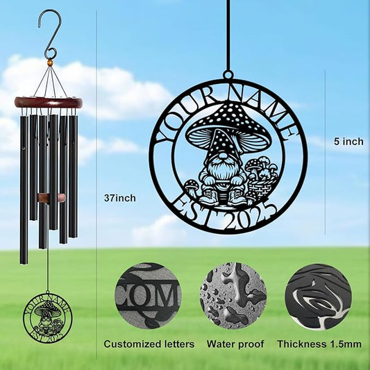 Personalized Customize Name Gnome Wind Chime, Metal Iron 37 Inch Outdoor Memorial Gift for Garden Yard Patio Home Decor, Black，Christmas (Style E)