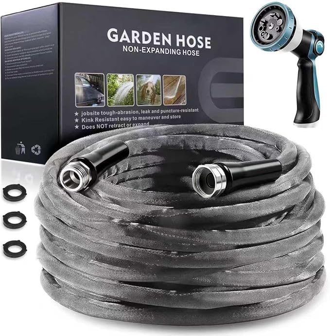 Non-Expandable Garden Hose 50feet, with 10 Function Hose Nozzle, Tough & Flexible, Lightweight, Crush Resistant Fittings, Kink & Tangle Free, Rust Proof