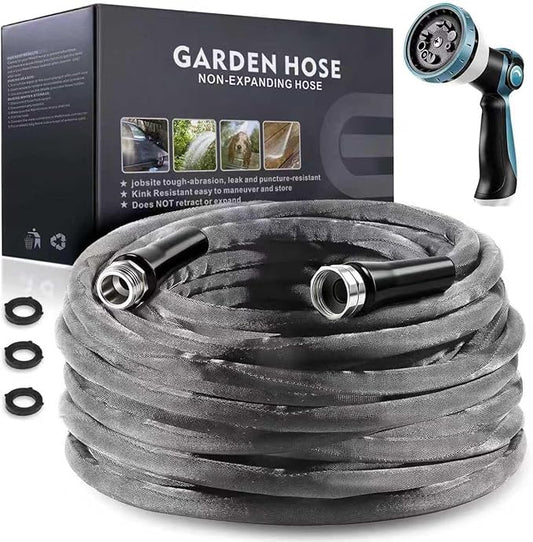 Non-Expandable Garden Hose 50feet, with 10 Function Hose Nozzle, Tough & Flexible, Lightweight, Crush Resistant Fittings, Kink & Tangle Free, Rust Proof
