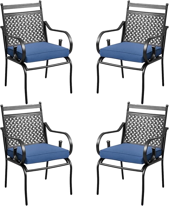 MELLCOM Patio Dining Chairs Set of 4, Heavy Duty Outdoor Dining Chairs with Armrests and Cushions, Iron Metal Patio Chairs for Outside, Garden Lawn & Porch, Backyard, Blue