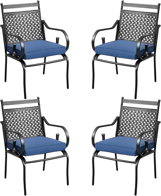 MELLCOM Patio Dining Chairs Set of 4, Heavy Duty Outdoor Dining Chairs with Armrests and Cushions, Iron Metal Patio Chairs for Outside, Garden Lawn & Porch, Backyard, Blue