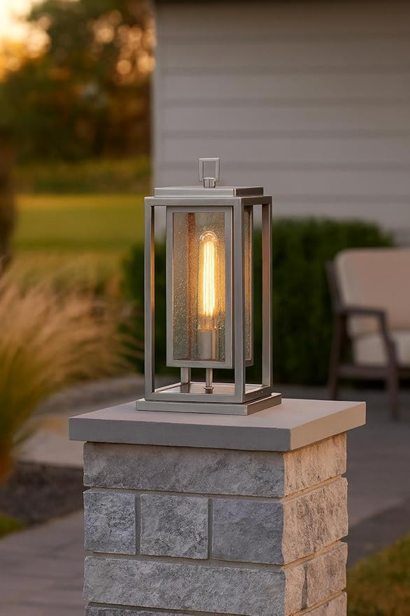 Hinkley Republic Medium Pier Mount Outdoor Lantern 12V - Coastal Elements, Estate Series, 1-Light, Clear Seedy Glass, Composite Material, LV Bulb Included - Satin Nickel Finish