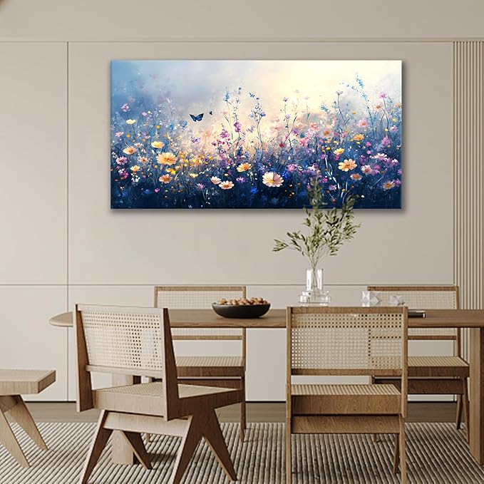 JLXART Canvas Wall Art Colorful Wildflower With Butterflies Wall Decor Purple and Yellow Poppy Floral Artwork Flowers Prints Paintings for Living Room Home Decorations,20x40inch