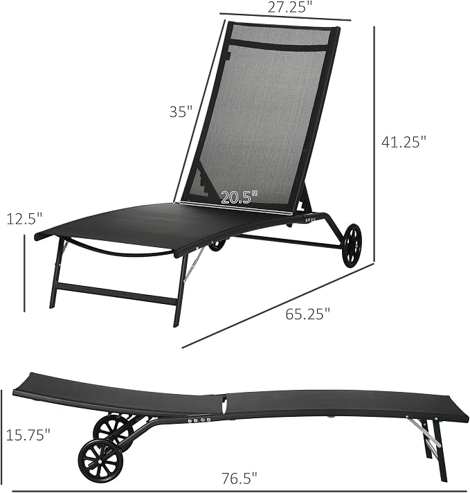 Outsunny Chaise Lounge Outdoor, 2 Piece Lounge Chair with Wheels, Tanning Chair with 5 Adjustable Positions for Patio, Beach, Yard, Pool, Black