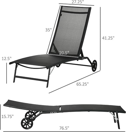 Outsunny Chaise Lounge Outdoor, 2 Piece Lounge Chair with Wheels, Tanning Chair with 5 Adjustable Positions for Patio, Beach, Yard, Pool, Black