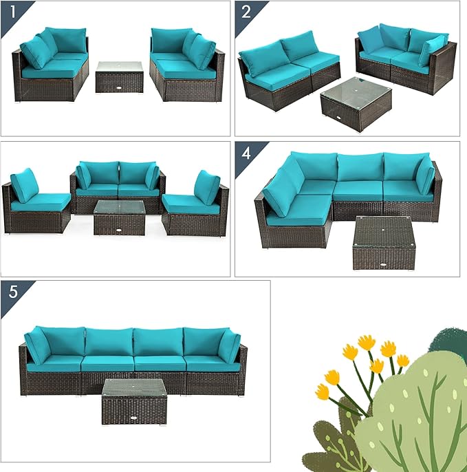 HAPPYGRILL 5PCS Patio Furniture Set Outdoor Rattan Wicker Sofa Set with Coffee Table Sectional Sofa Conversation Set with Pillows Cushions for Backyard Porch Garden Poolside