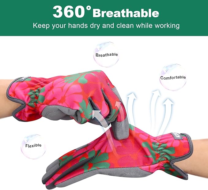 Gardening Gloves for Women, Flexible Breathable Garden Gloves, Leather Working Gloves for Weeding, Digging and Pruning (M-Daisy)