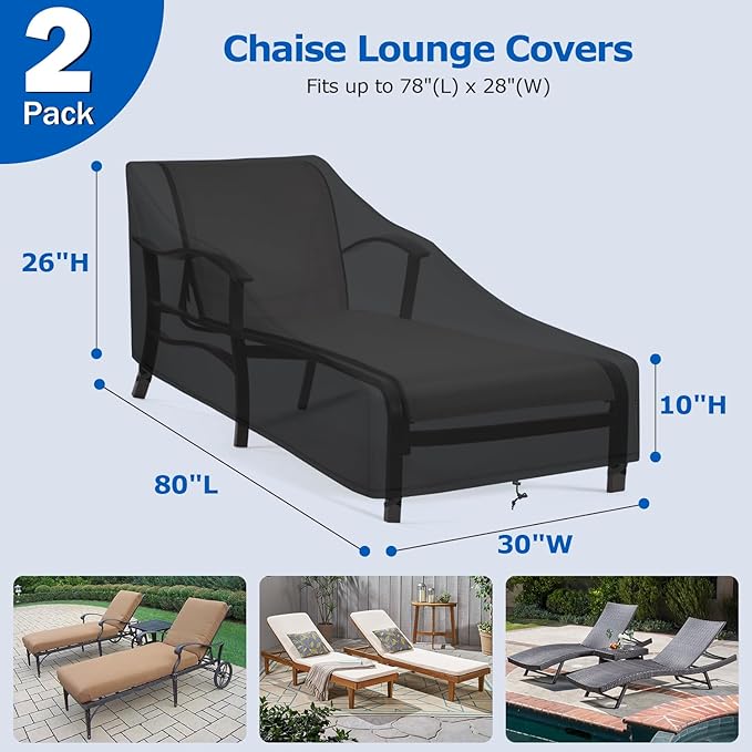SunPatio Chaise Lounge Covers Outdoor Waterproof, 2 Pack Patio Lounge Chair Protector with Windproof Straps, Outdoor Furniture Covers All Weather Protection, 80" L x 30" W x 26" H, Black