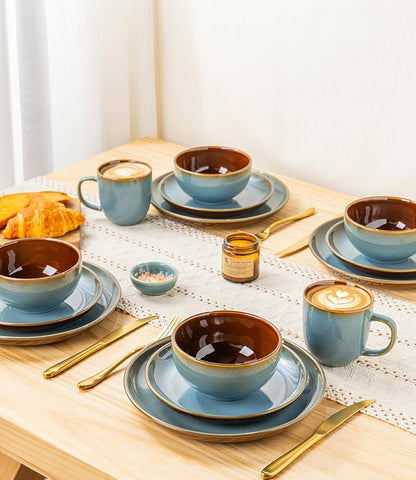 LERATIO Stoneware Dinnerware Sets for 4, 12 Pieces Ceramic Plates and Bowls Sets, Scratch Resistant Dish Set, Oven, Microwave & Dishwasher Safe-Ocean Blue