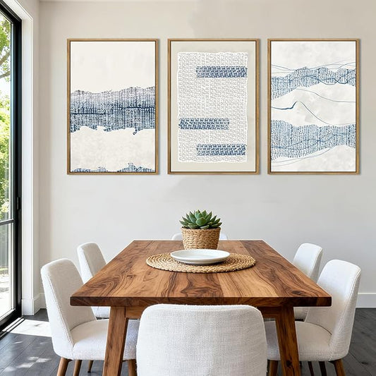 IARTTOP Large Blue Coastal Framed Wall Art 16x24 Inch White Abstract Boho Art Prints Minimalist Modern Artworks for Living Room Bedroom Dining Room Set of 3