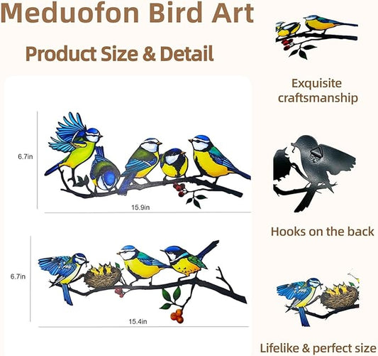 Meduofon Metal Bird Wall Decor, Vivid Feed the Bird Metal Wall Art Lovely Hummingbird Outdoor Decor Suitable for Porch Fence Garden Patio Outdoor Indoor Wall Decorations (2 Pack Multiple Birds Blue)