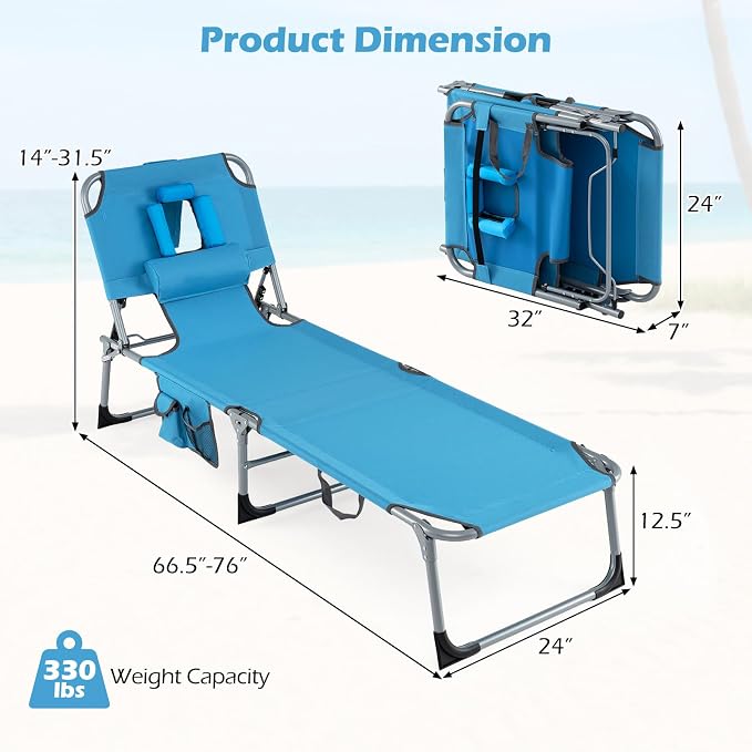 GYMAX Tanning Chair with Face Hole, Sun Bathing Lounge Chairs for Outside with Side Pocket, Folding Portable Face Down Layout Tanning Chair Beach, Backyard, Poolside, Lawn (Blue,1)