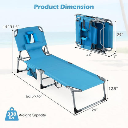 GYMAX Tanning Chair with Face Hole, Sun Bathing Lounge Chairs for Outside with Side Pocket, Folding Portable Face Down Layout Tanning Chair Beach, Backyard, Poolside, Lawn (Blue,2)